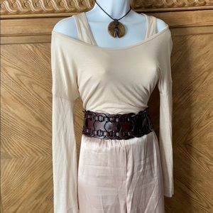 St. John Tan silk blend layered long sleeve Tshirt